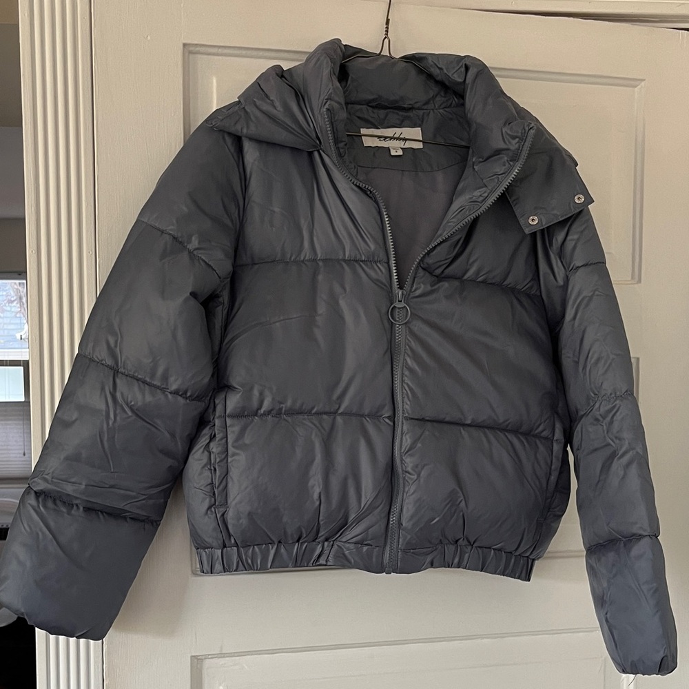 Steel Blue/Gray Hooded Puffer Jacket